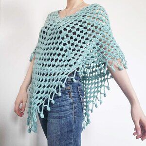 Vintage Y2K handmade soft & comfy aqua crochet poncho
